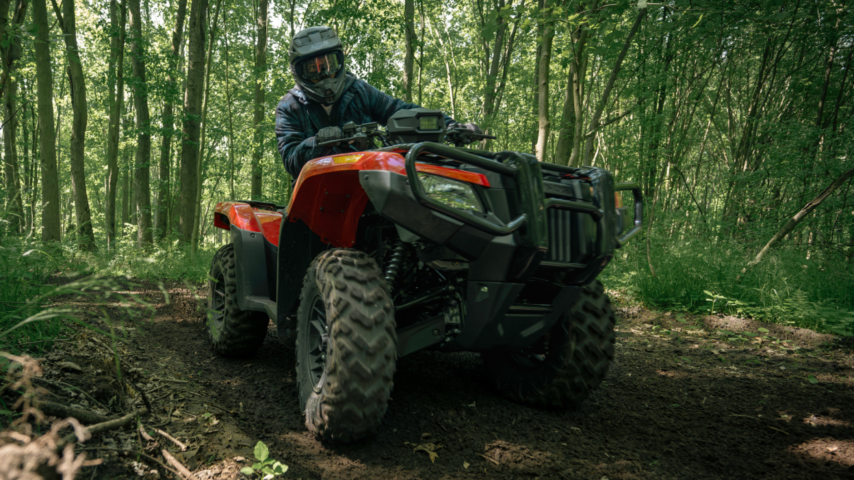 Front view of rider on Rubicon in woods.