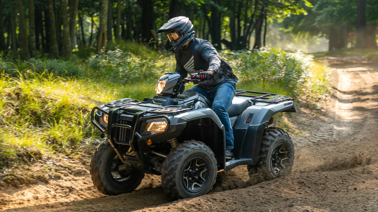 Left view of rider on Rubicon in woods.