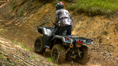Rear view of Rubicon on dirt track.
