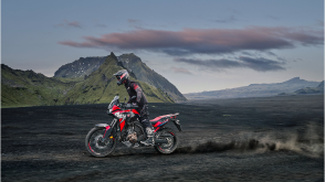 Un cavalier sur un jumeau africain en pleine équipement sur le sable noir dans les montagnes
