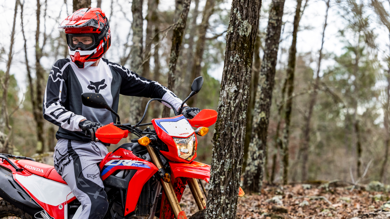 Un cavalier a fait une pause dans les bois sur une Honda CRF300L