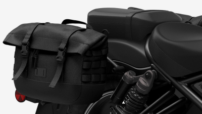 Close up of accessories on rear of motorbike.