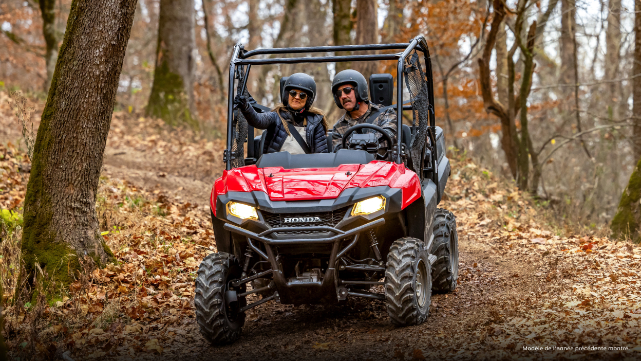 Mode de vie. Conducteur et passager sur route dans les bois. Face avant.