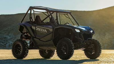 Talon stationary at right angle in desert landscape. Hill in background.