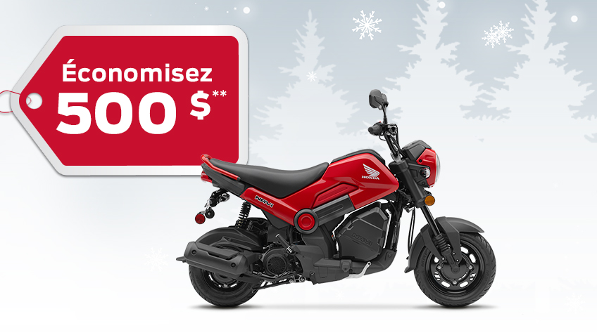 Une Honda Navi sur un fond d'hiver avec des flocons de neige avec une étiquette de cadeau de 500 $ annonçant une remise de 500 $